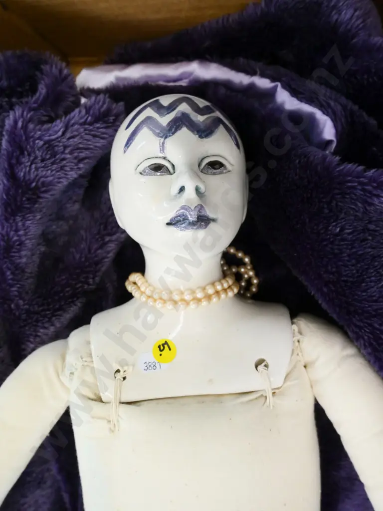 Leonie Arnold doll, marked 11/12 - large fabric and porcelain doll with chrome finish 'boots' & pearl necklace H-1020 Image 1++