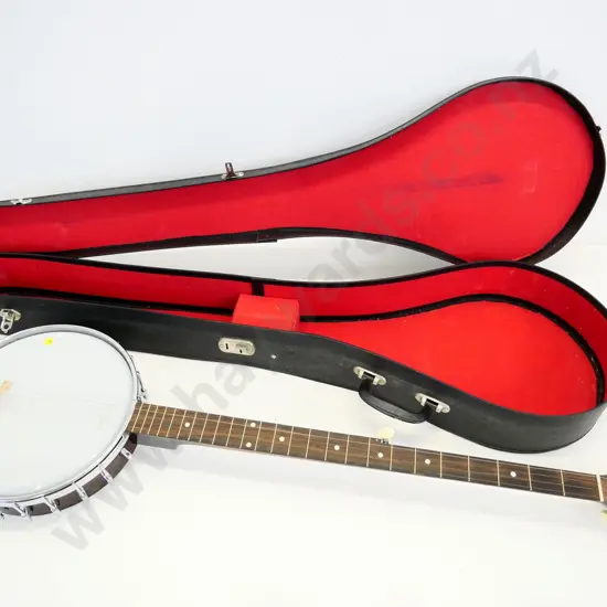 banjo with John Gray & Sons London metal badge on headstock - in good condition, with fitted case