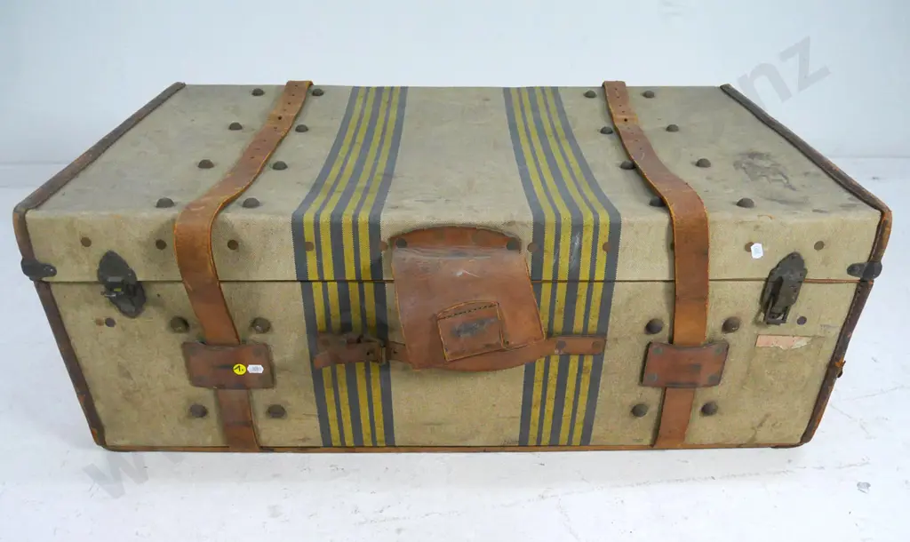 wood and canvas travel trunk with leather straps and handles, brass catch, no key, missing interior tray H350 W920 D-540 Image 1++