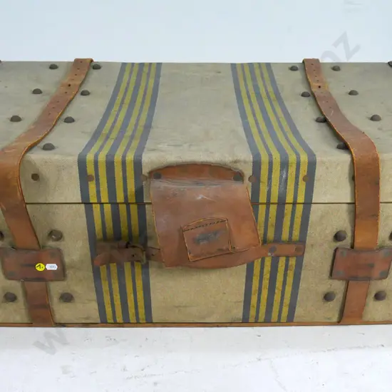wood and canvas travel trunk with leather straps and handles, brass catch, no key, missing interior tray H350 W920 D-540