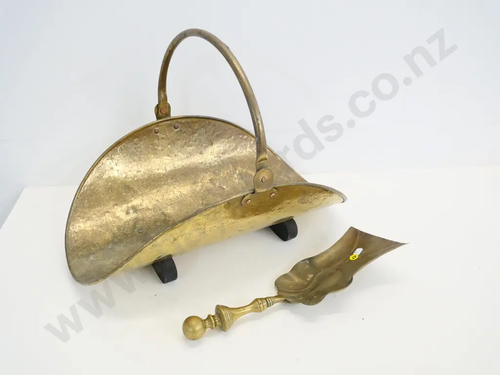 brass wood basket & fireside shovel. Basket H-400 with handle up, L-480 Image 1++