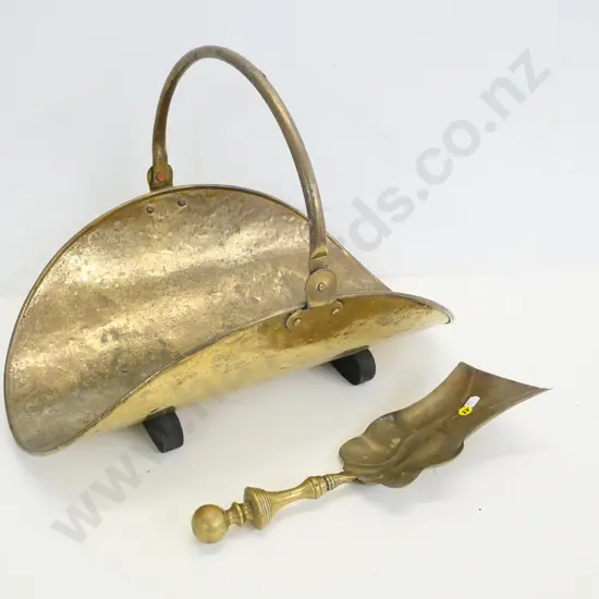 brass wood basket & fireside shovel. Basket H-400 with handle up, L-480
