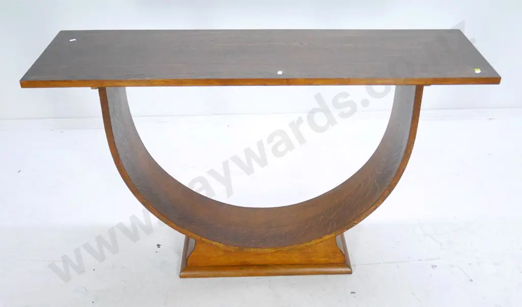 deco oak hoop-base hall table, some water marks on top H-760 W-1270 D-370 Image 1++
