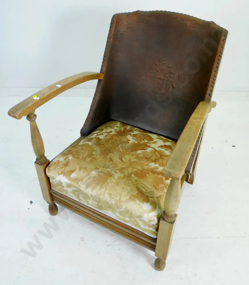 vintage tub chair embossed and studded leatherette (damage to back) & printed velvet upholstered seat H-730 W-540 D-570 Image 1++