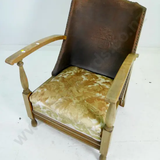 vintage tub chair embossed and studded leatherette (damage to back) & printed velvet upholstered seat H-730 W-540 D-570