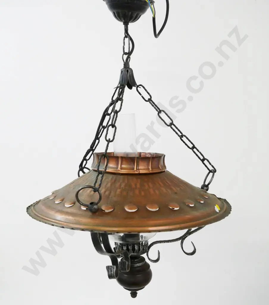 forged metal hanging light fitting with beaten copper shade and glass chimney - approx. H-700 Diameter 450 Image 1++