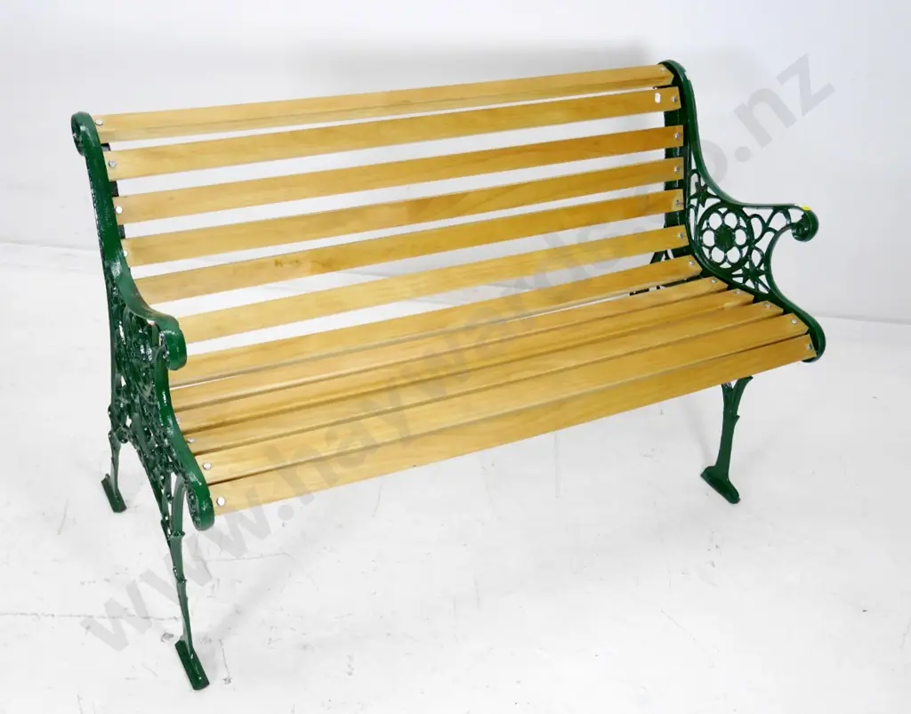 green painted restored vintage cast iron ended garden bench seat H-720 W-1150 D-600 Image 1++