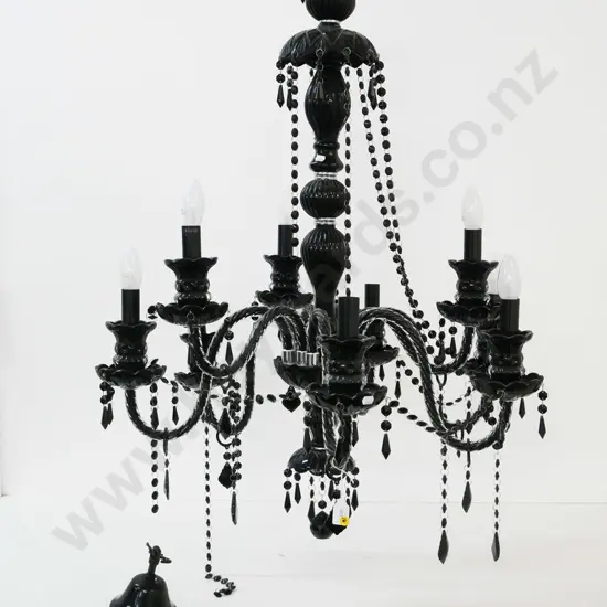black glass 9-light chandelier - may have missing glass drops and/or chain and has had repair H-950 Diameter approx. 650
