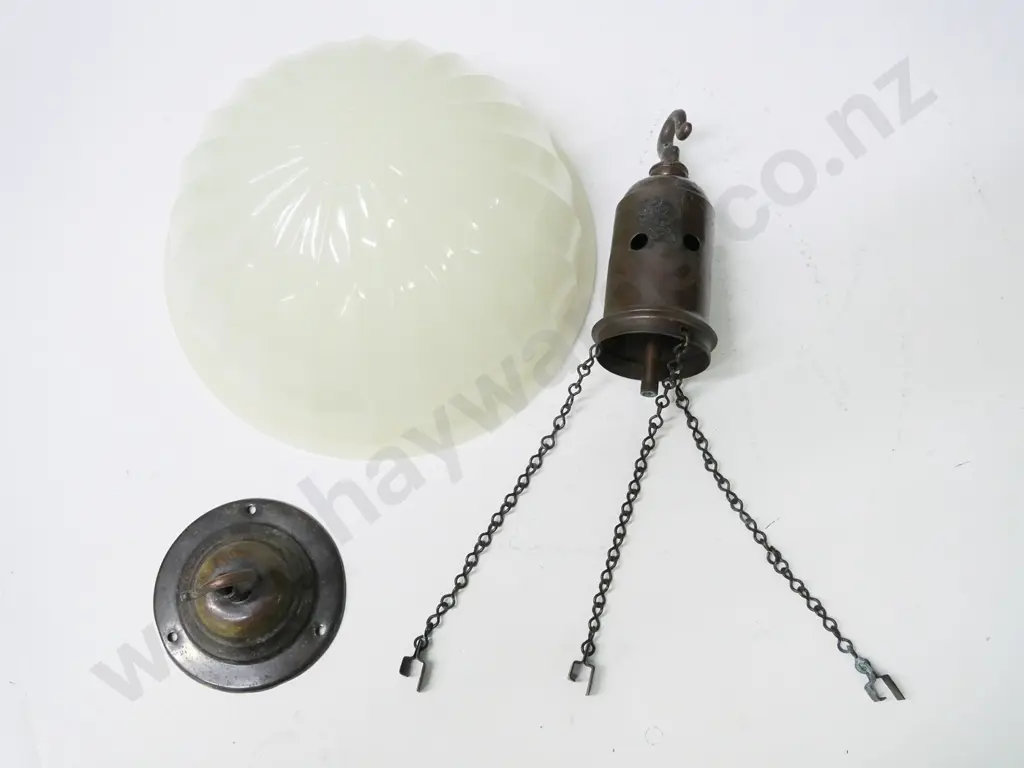 deco style milk glass ceiling light shade with copper finish fitting and chains - diameter 255 Image 1++