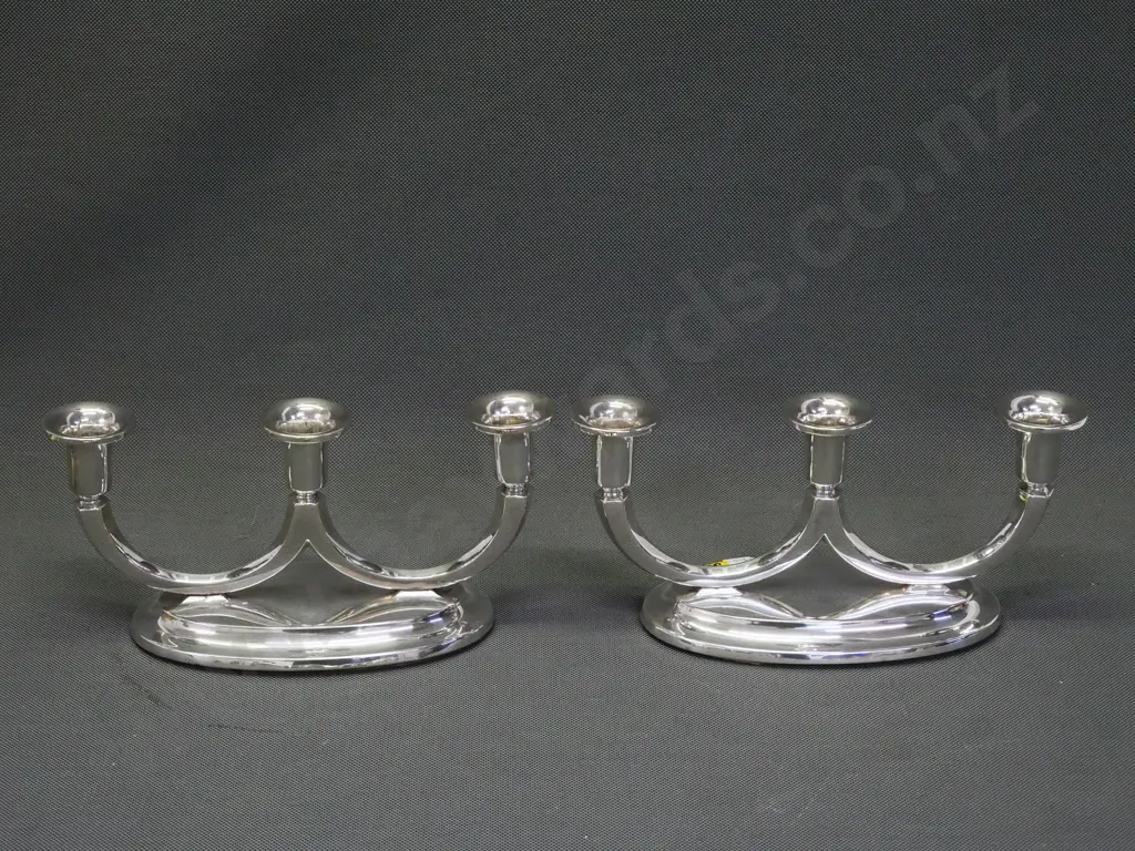 pair of weighted silver 3-candle candelabra - unknown marks H-120 W-250 Image 1++