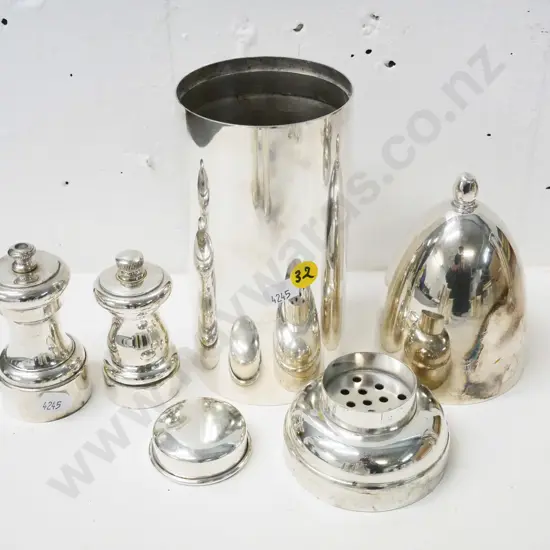 plated cocktail shaker, insert not quite fitting properly, H-270 and 2 small heavy plated pepper grinders