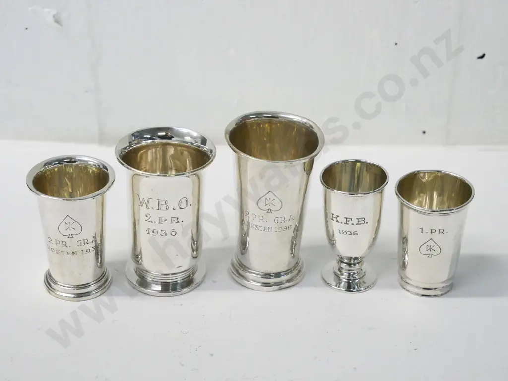 5 small Scandinavian silver trophy beakers marked 830S, engraved with various dates in 1930s, tallest H-75 (89g) Image 1++