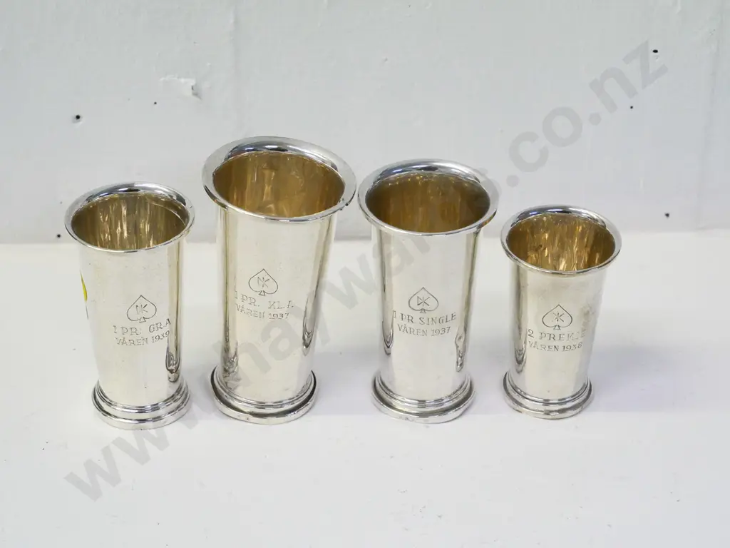 4 small Scandinavian silver trophy beakers marked 830S, engraved with various dates in 1930s, tallest H-100 (109g) Image 1++