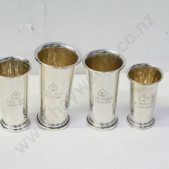 4 small Scandinavian silver trophy beakers marked 830S, engraved with various dates in 1930s, tallest H-100 (109g)