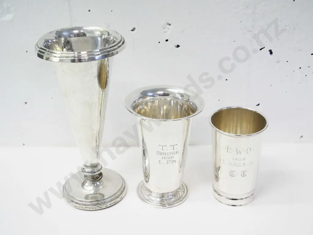 Scandinavian silver trophy items -2 beakers and vase H-175, marked 830S, engraved with dates in 1930s & 40s (280g) Image 1++