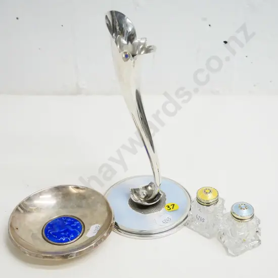 sterling silver & enamel items - bud vase, damage to enamel H-200, salt & pepper, unmarked dish with deer motif (230g)