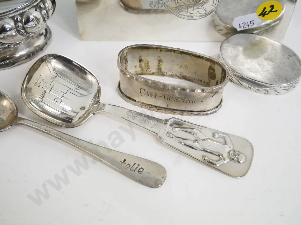 various sterling & plated items - matchbox case marked 830s (131g), unmarked pillbox, spoons, table lighter etc. Image 1++