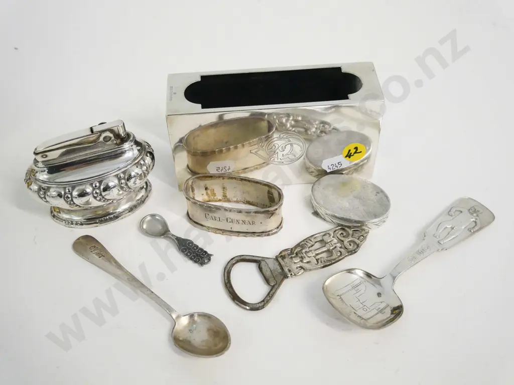 various sterling & plated items - matchbox case marked 830s (131g), unmarked pillbox, spoons, table lighter etc. Image 1++