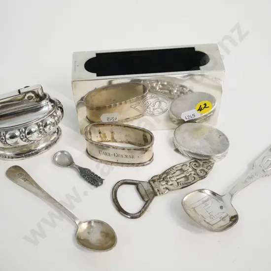 various sterling & plated items - matchbox case marked 830s (131g), unmarked pillbox, spoons, table lighter etc.