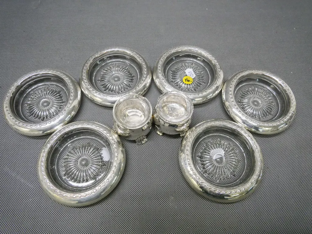 pair of sterling Norway 830S silver salts with chipped glass liners (82g),set of 6 glass unmarked silver-rimmed coasters Image 1++
