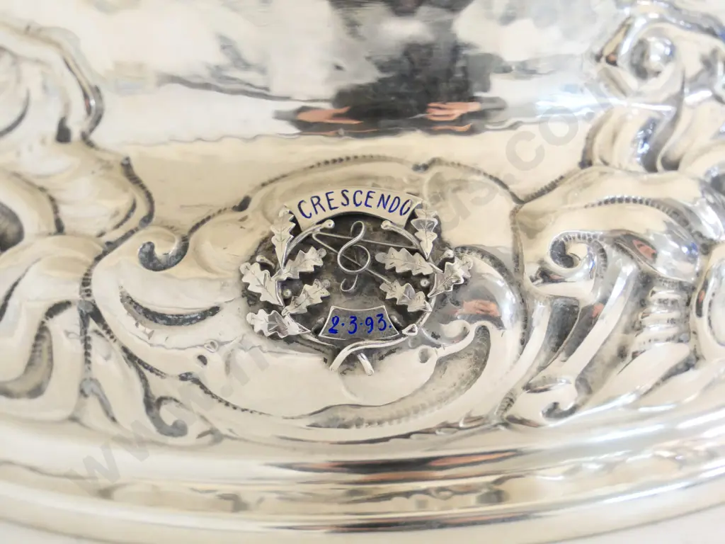 Norwegian embossed sterling silver  punch bowl w/1918 inscription, and small crest dated "2-3-93" Diameter 370 (1907g) Image 1++