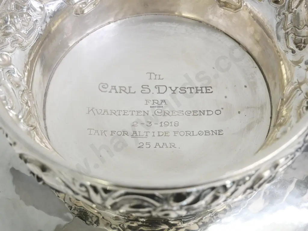 Norwegian embossed sterling silver  punch bowl w/1918 inscription, and small crest dated "2-3-93" Diameter 370 (1907g) Image 1++