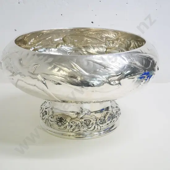 Norwegian embossed sterling silver  punch bowl w/1918 inscription, and small crest dated "2-3-93" Diameter 370 (1907g)