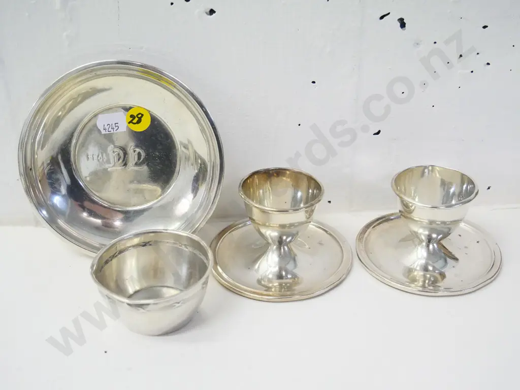Scandinavian silver items, marked 830S - 2 eggcups, small bowl D-110 and dish with 1935 inscription (161g) Image 1++