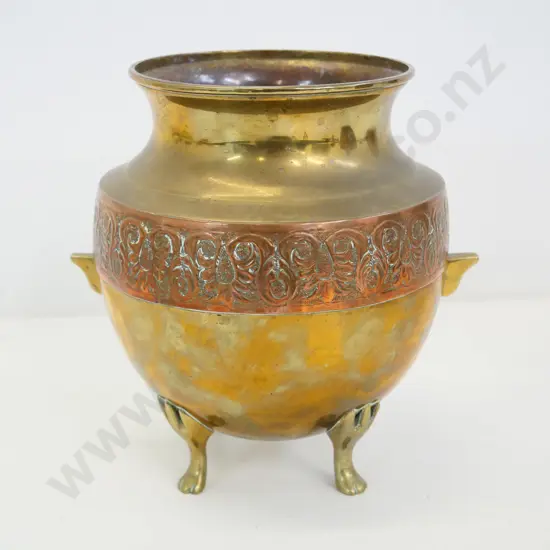 brass footed urn with handles and decorated copper band H-195 Diameter 180