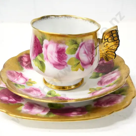 Royal Albert Old English Rose heavy gilt butterfly trio - damage to one wing