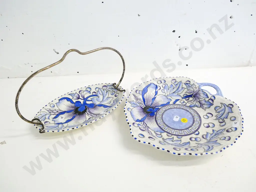 2 Charlotte Rhead  Bursley Ware items - biscuit plate with metal handle, and shallow serving bowl L-250 W-240 Image 1++