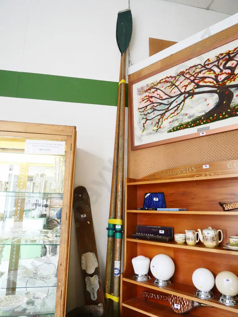 pair of long (sculling?) oars - label for Croker Oars Cambridge NZ L-3750 Image 1++