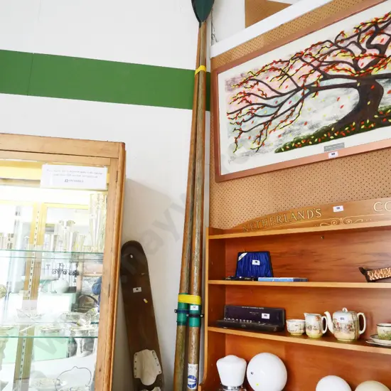 pair of long (sculling?) oars - label for Croker Oars Cambridge NZ L-3750