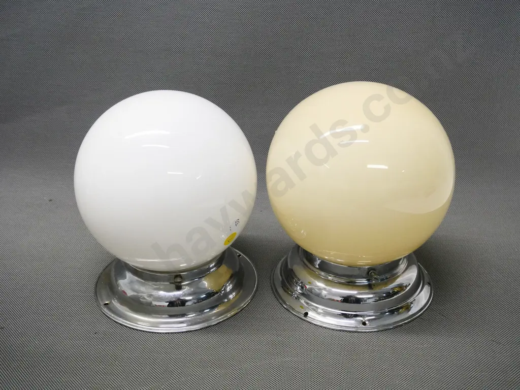 2 retro glass globe ceiling light shades with chrome journals - cream one is slightly larger H-190 D-150 Image 1++