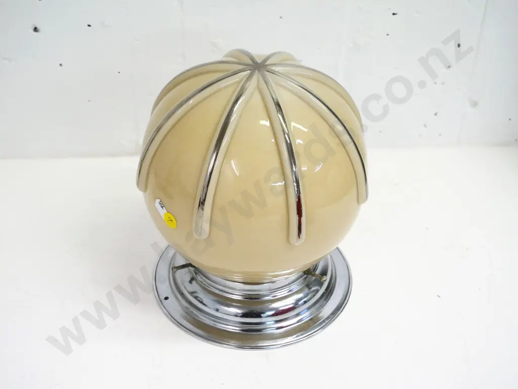 retro beige glass ceiling light shade with silver decoration & chrome journal, slight corrosion, jammed screws H230 D190 Image 1++