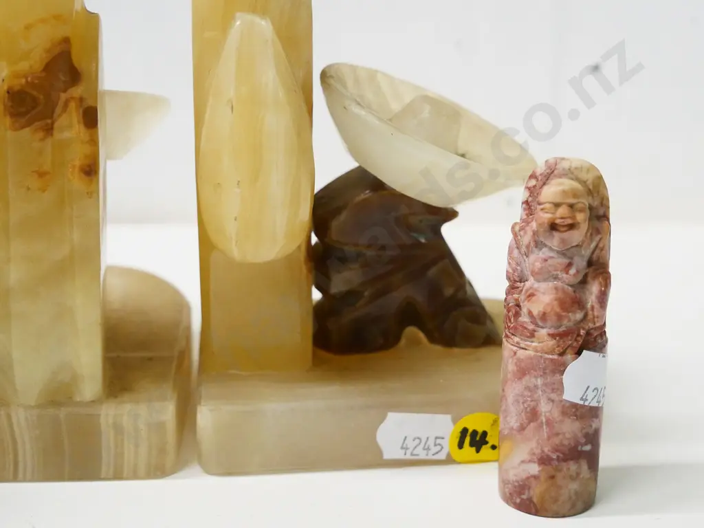 carved alabaster, marble and other stone figures - Mexican figure book-ends H-130, Buddha, African head, standing girl Image 1++