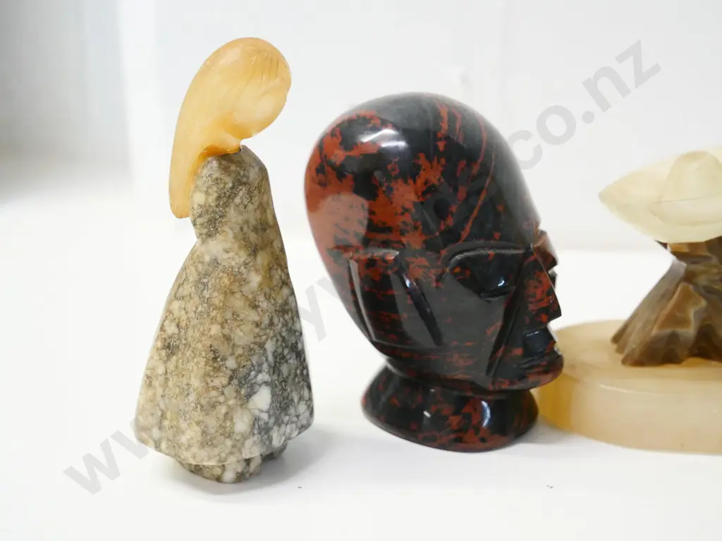 carved alabaster, marble and other stone figures - Mexican figure book-ends H-130, Buddha, African head, standing girl Image 1++