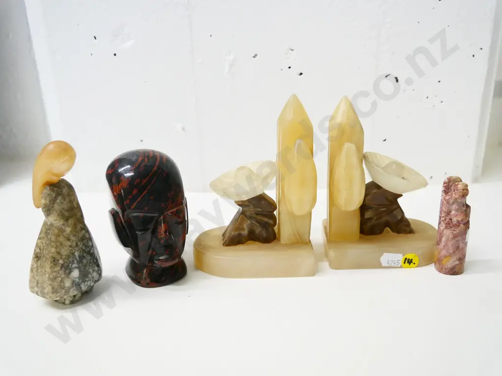 carved alabaster, marble and other stone figures - Mexican figure book-ends H-130, Buddha, African head, standing girl Image 1++