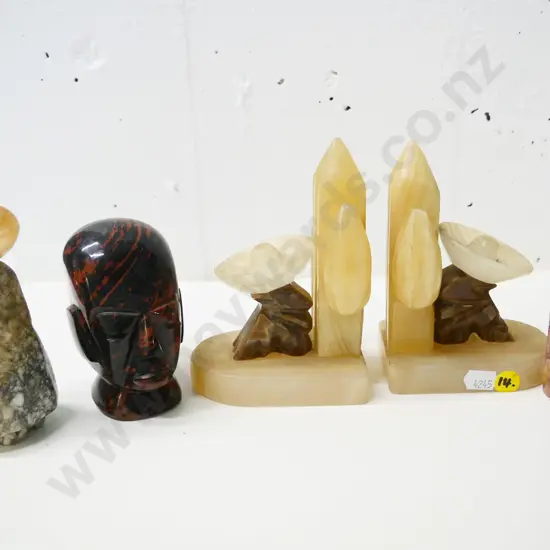 carved alabaster, marble and other stone figures - Mexican figure book-ends H-130, Buddha, African head, standing girl