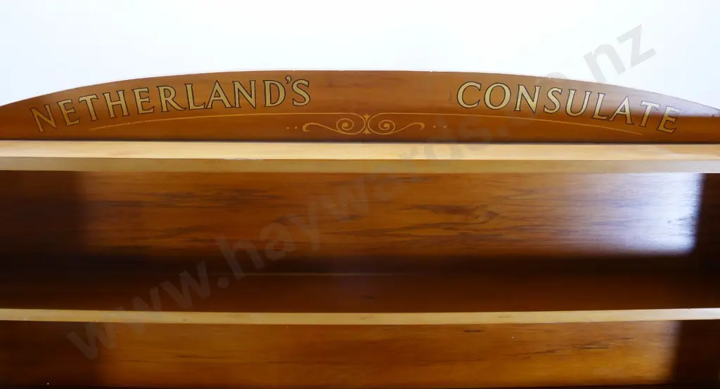 solid rimu bookcase marked 'Netherlands Consulate' - some chips to inside of ends/shelves H1740 W1510 D220 Image 1++