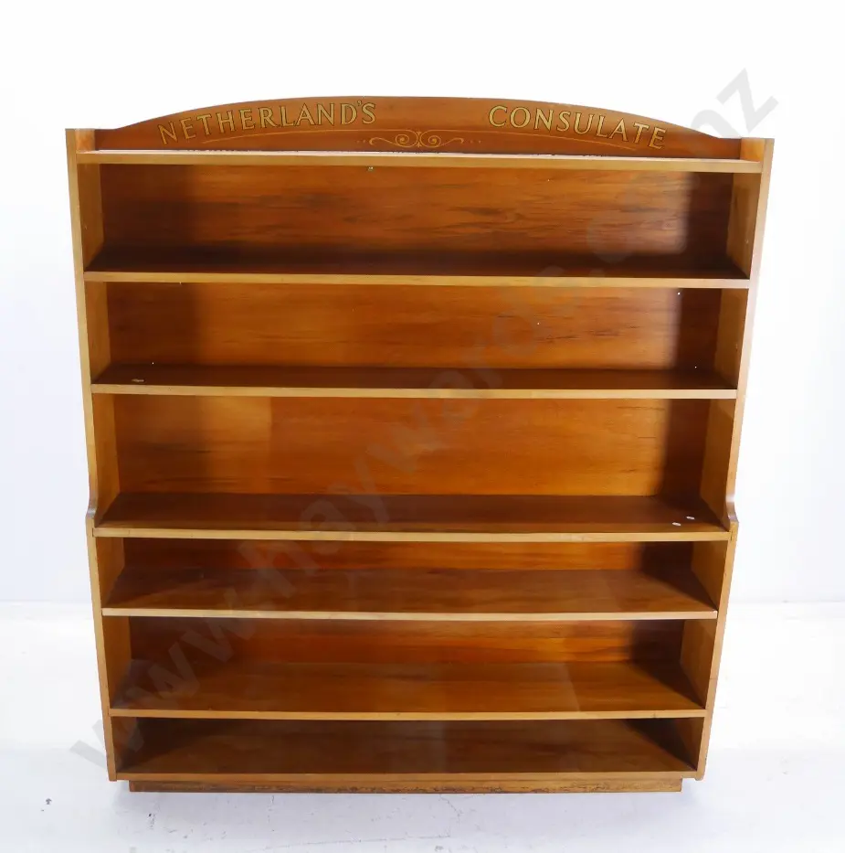solid rimu bookcase marked 'Netherlands Consulate' - some chips to inside of ends/shelves H1740 W1510 D220 Image 1++