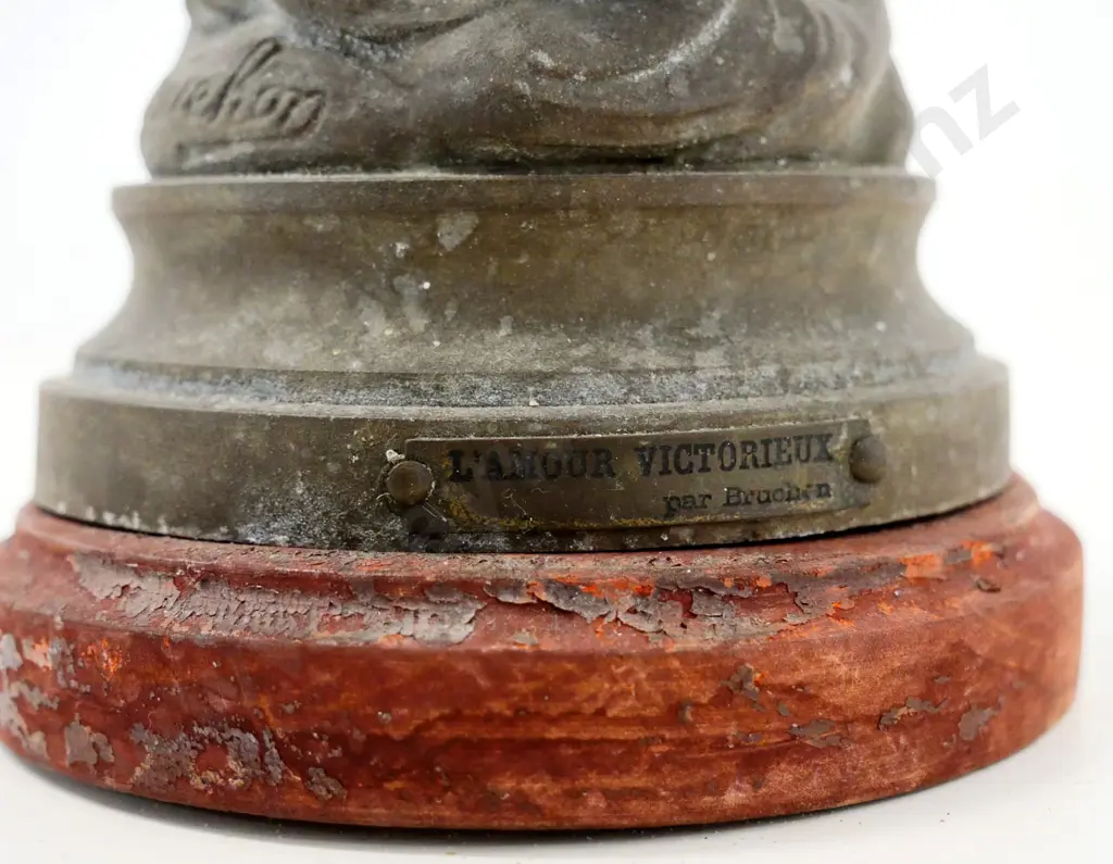 metal cupid figure on wooden base - damage to back, missing wing. H-340 Image 1++