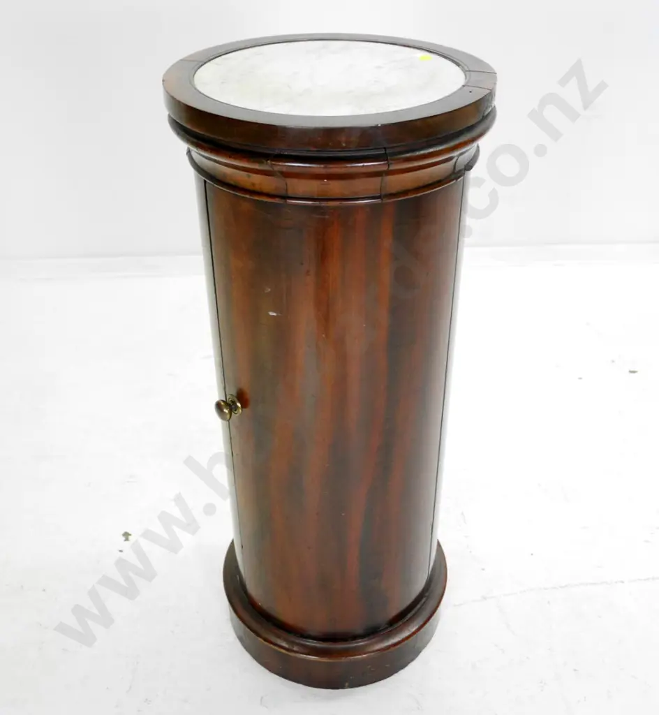 vintage mahogany display stand / storage cupboard, marble inset top, brass knob on door H-790 Diameter 330 Image 1++