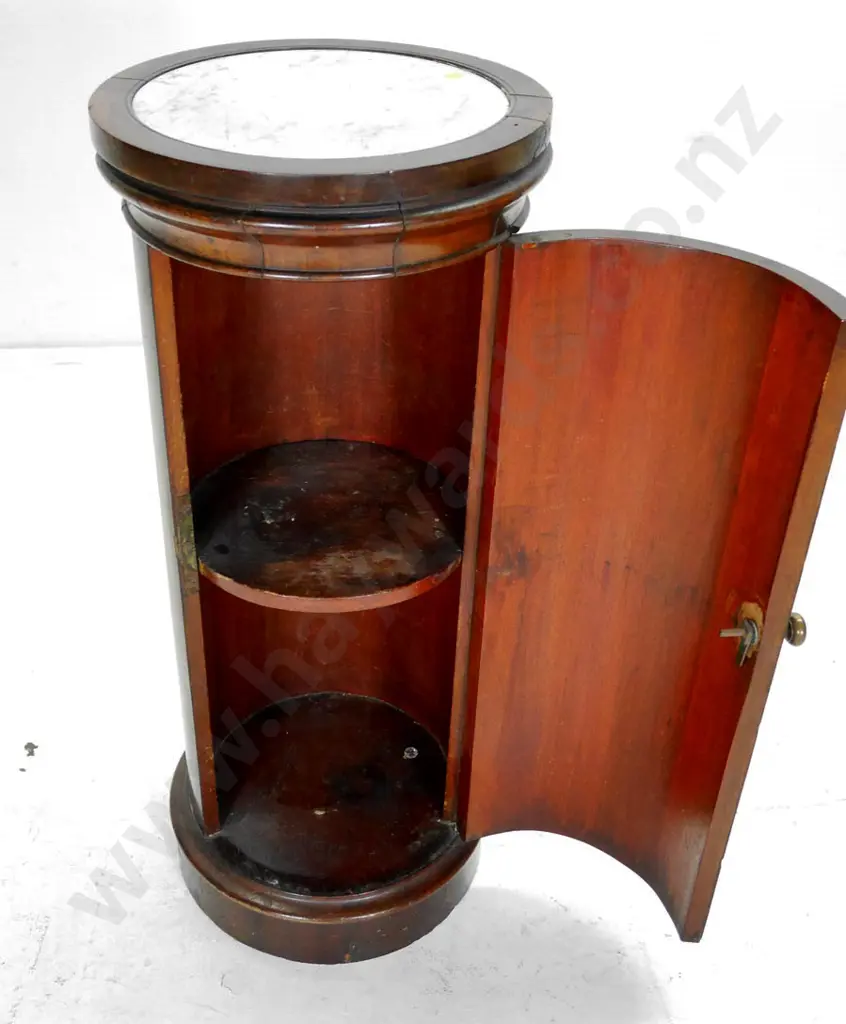 vintage mahogany display stand / storage cupboard, marble inset top, brass knob on door H-790 Diameter 330 Image 1++