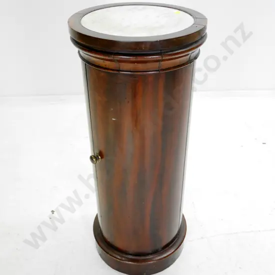 vintage mahogany display stand / storage cupboard, marble inset top, brass knob on door H-790 Diameter 330