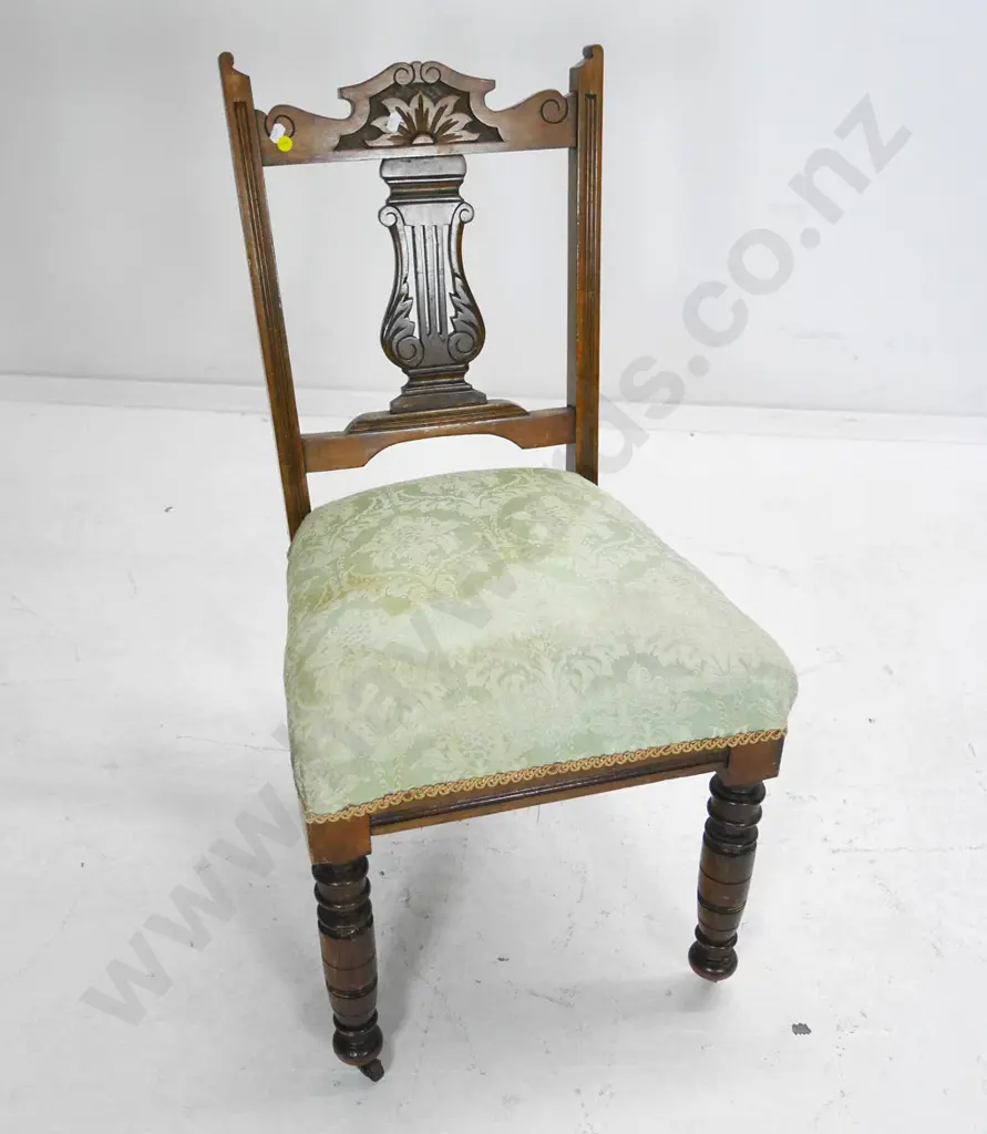 restorer's Edwardian beech carved splat dining chair, damask upholstered seat, on casters H-870 W-440 D-440 Image 1++