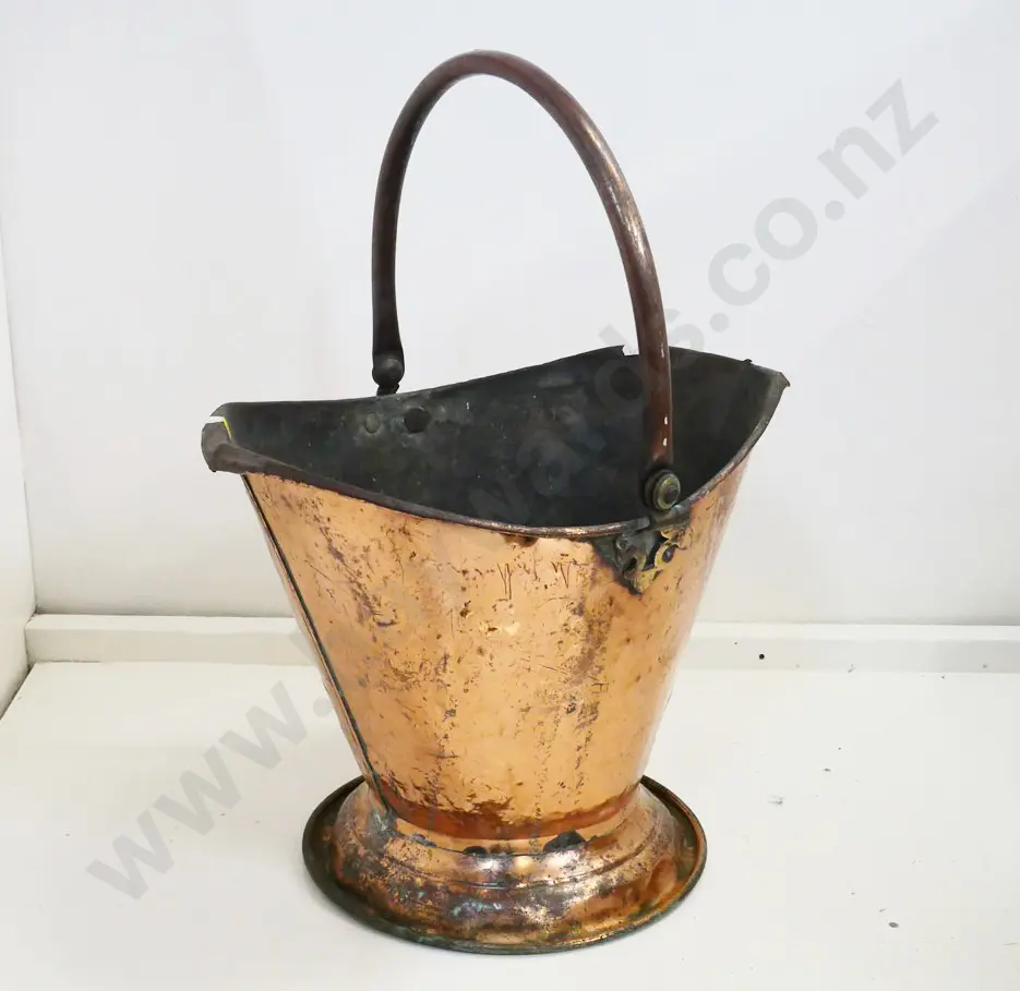 beaten copper coal scuttle - holes and damage. H-300 with handle down W-390 Image 1++