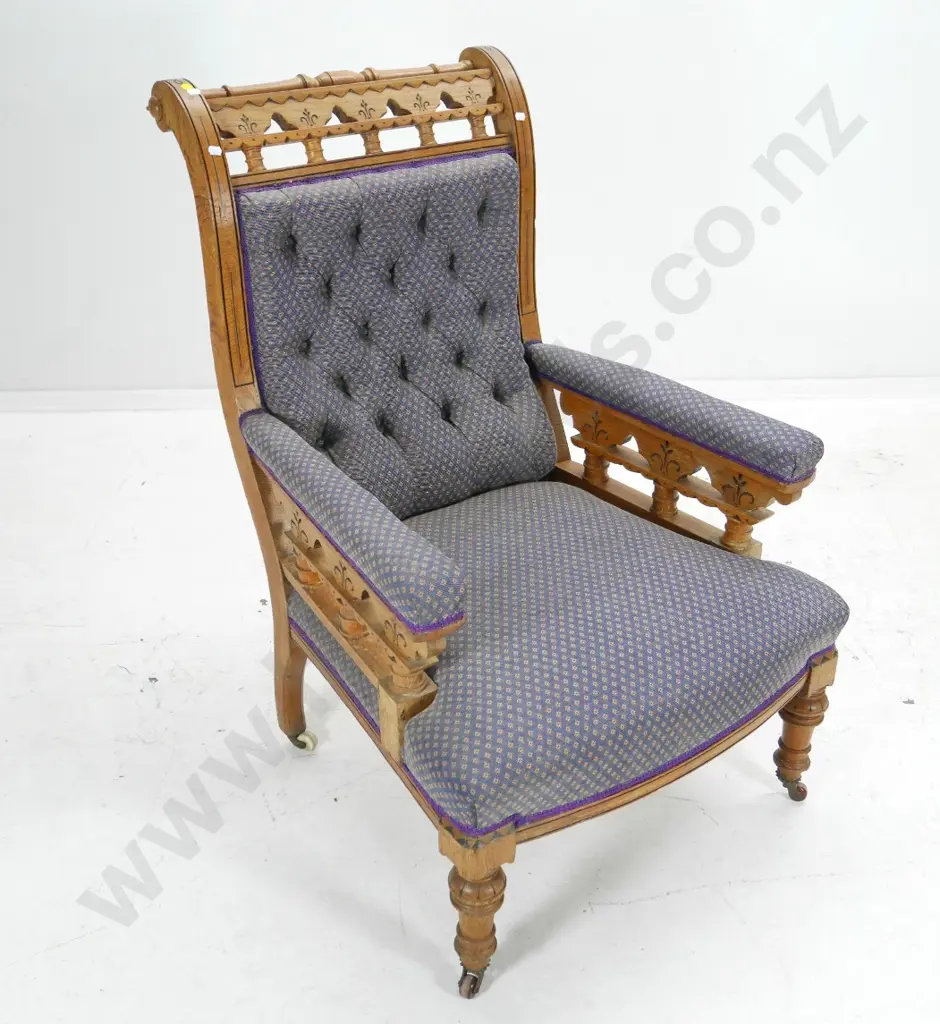 vintage oak ornately carved deep-button armchair on porcelain casters H1010 W670 D680 Image 1++