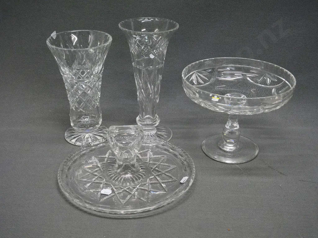 4 pieces English crystal including comport dish, handled serving plate, 2 large trumpet shape vases, taller H-230 Image 1++
