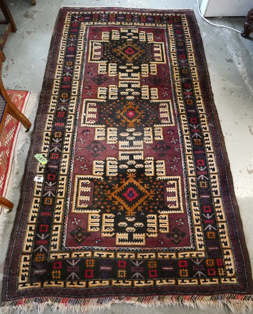 hand-knotted floor rug - plum, red, cream, black L-2020 W-1150 Image 1++